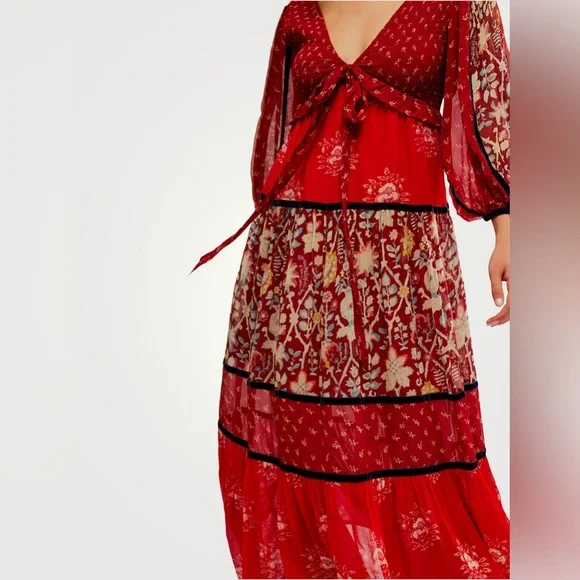 Free People Bali Laurel Bohemian Long Sleeve Red Maxi Dress - $298 - Picture 6 of 16